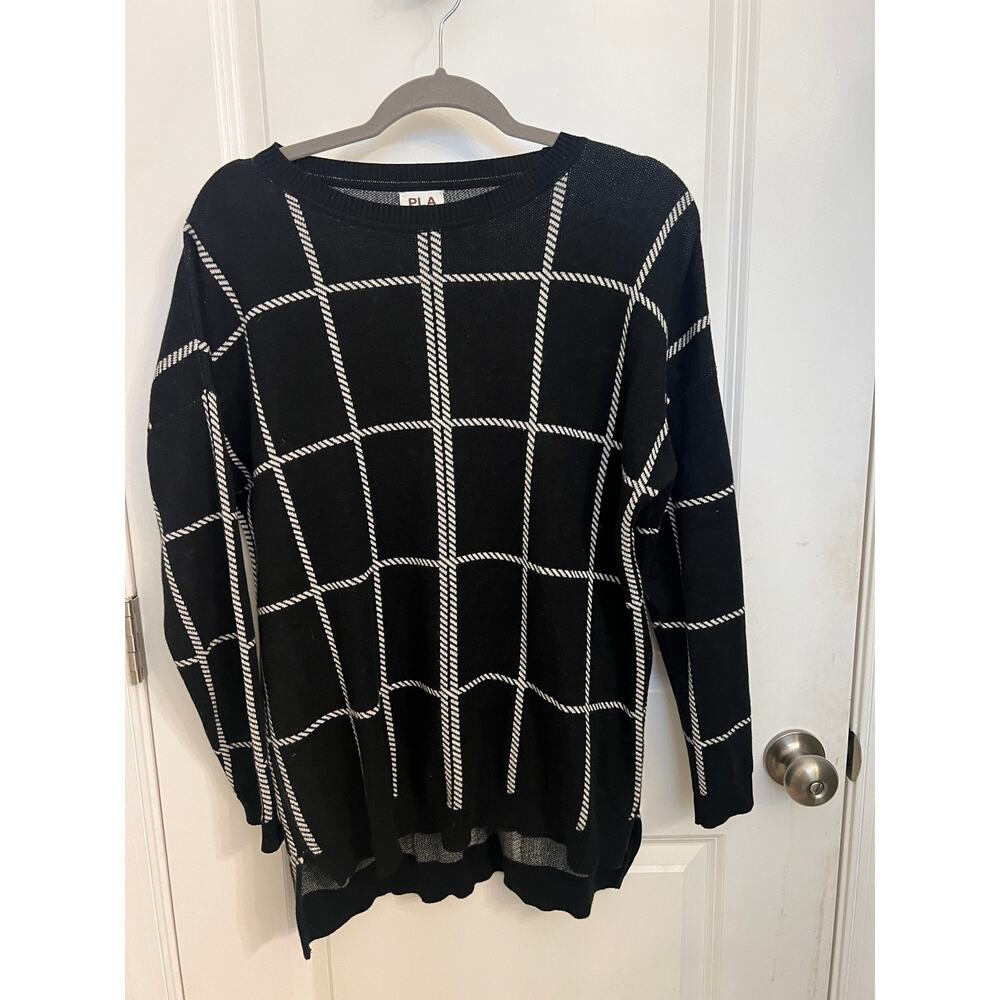 Planet By Lauren G. Crew Black White Windowpane Sweater OS Cotton Quiet Luxury